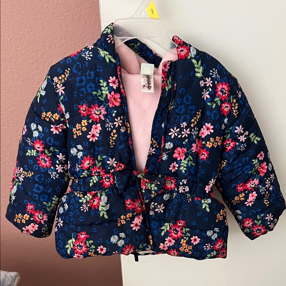 Little Me Floral Puffer Jacket - Navy and Pink